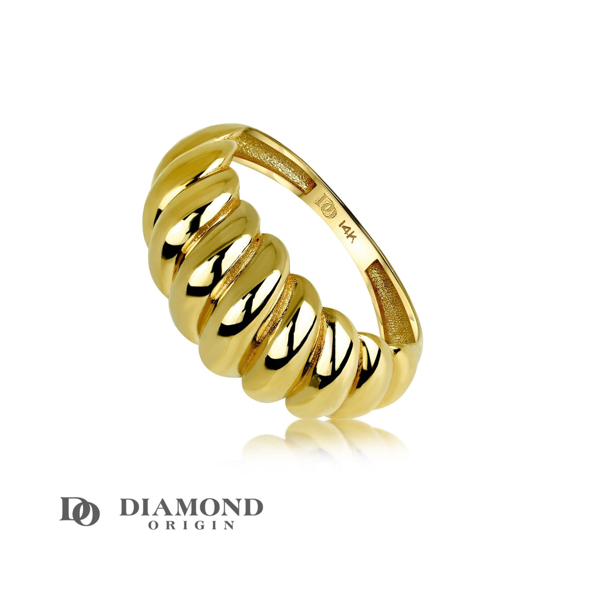 Our Twisted Dome Ring is a standout piece in the Diamond Origin collection, reflecting our commitment to exceptional craftsmanship and innovative design. The ring's intricate, swirling pattern showcases our mastery in goldsmithing, presenting a modern twist on classic aesthetics, diamond origin, gold rings, gold stackable rings, 14K gold rings,
