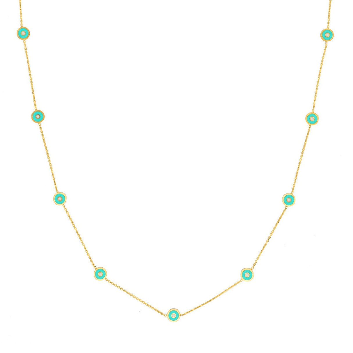 Gold Necklace, Enamel Round Evil Eye Station Necklace, - Diamond Origin